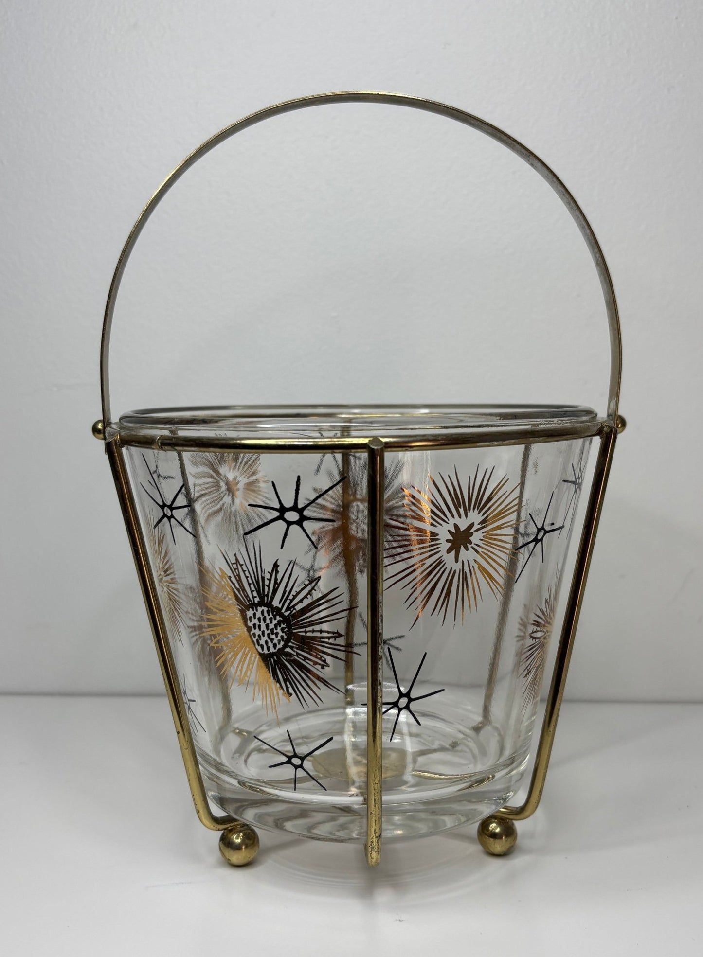 Vintage Retro Starburst Atomic Age Glass Ice Bucket with Brass Carrier - HLJ at HomeVintage Retro Starburst Atomic Age Glass Ice Bucket with Brass CarrierIce BucketHLJ at Home