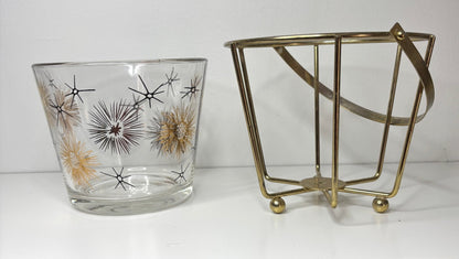 Vintage Retro Starburst Atomic Age Glass Ice Bucket with Carrier