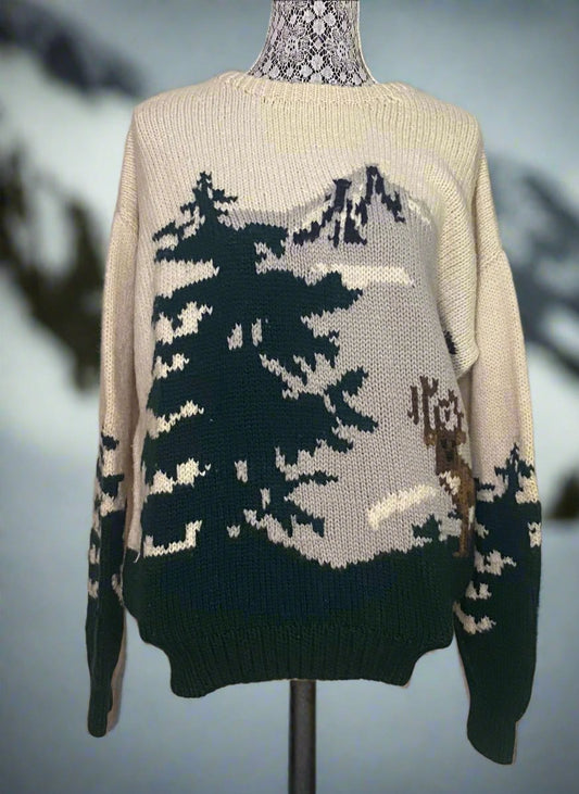 Vintage Shetland Wool Deer Forest Christmas Theme Woman’s Sweater