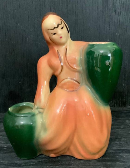 Vintage Woman in Flowing Dress Succulent Planter Vase