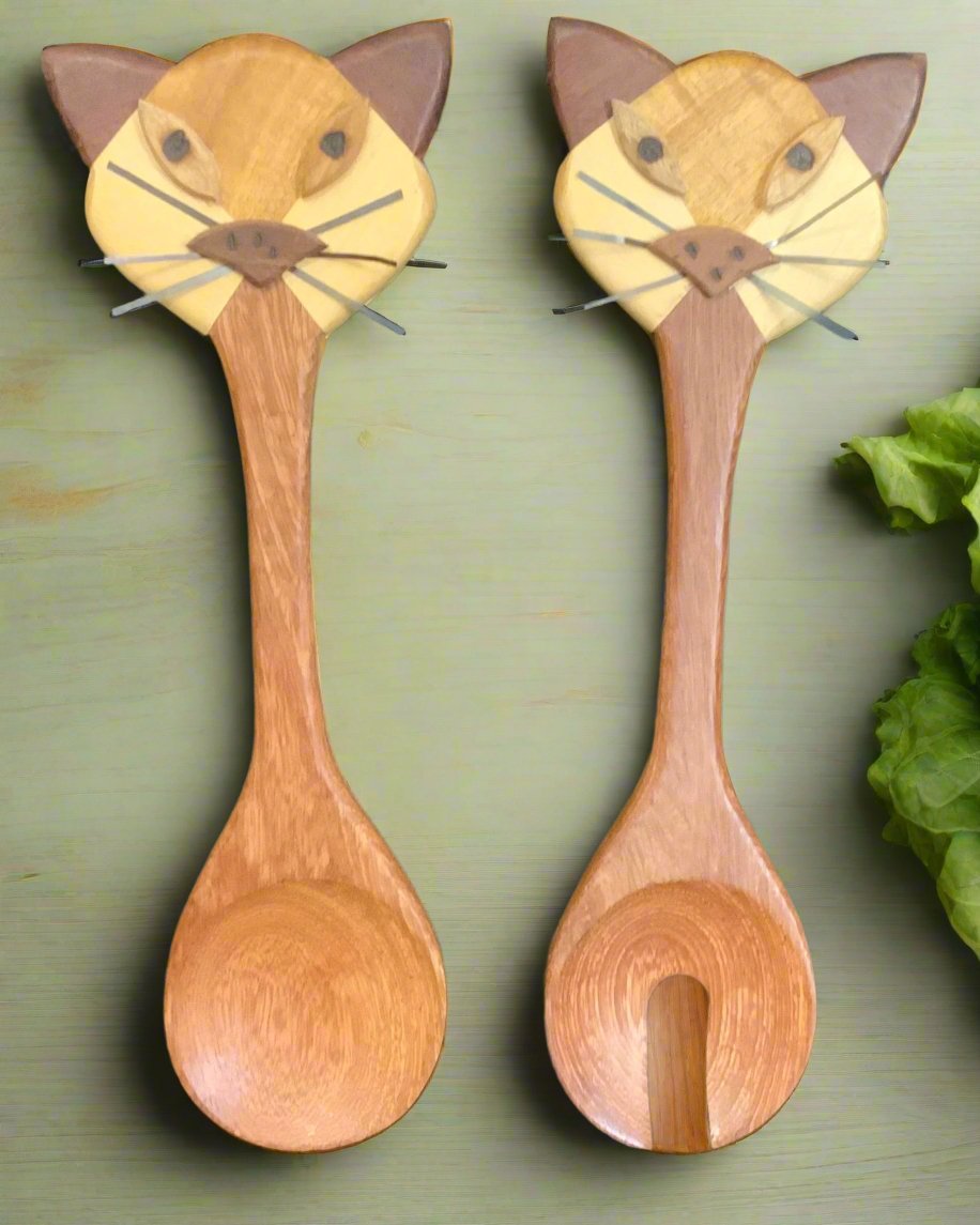 Vintage Wooden Cat Salad Fork and Spoon