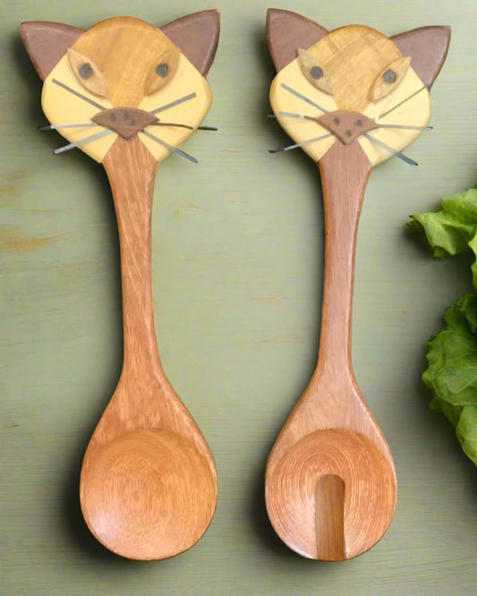 Vintage Wooden Cat Salad Fork and Spoon