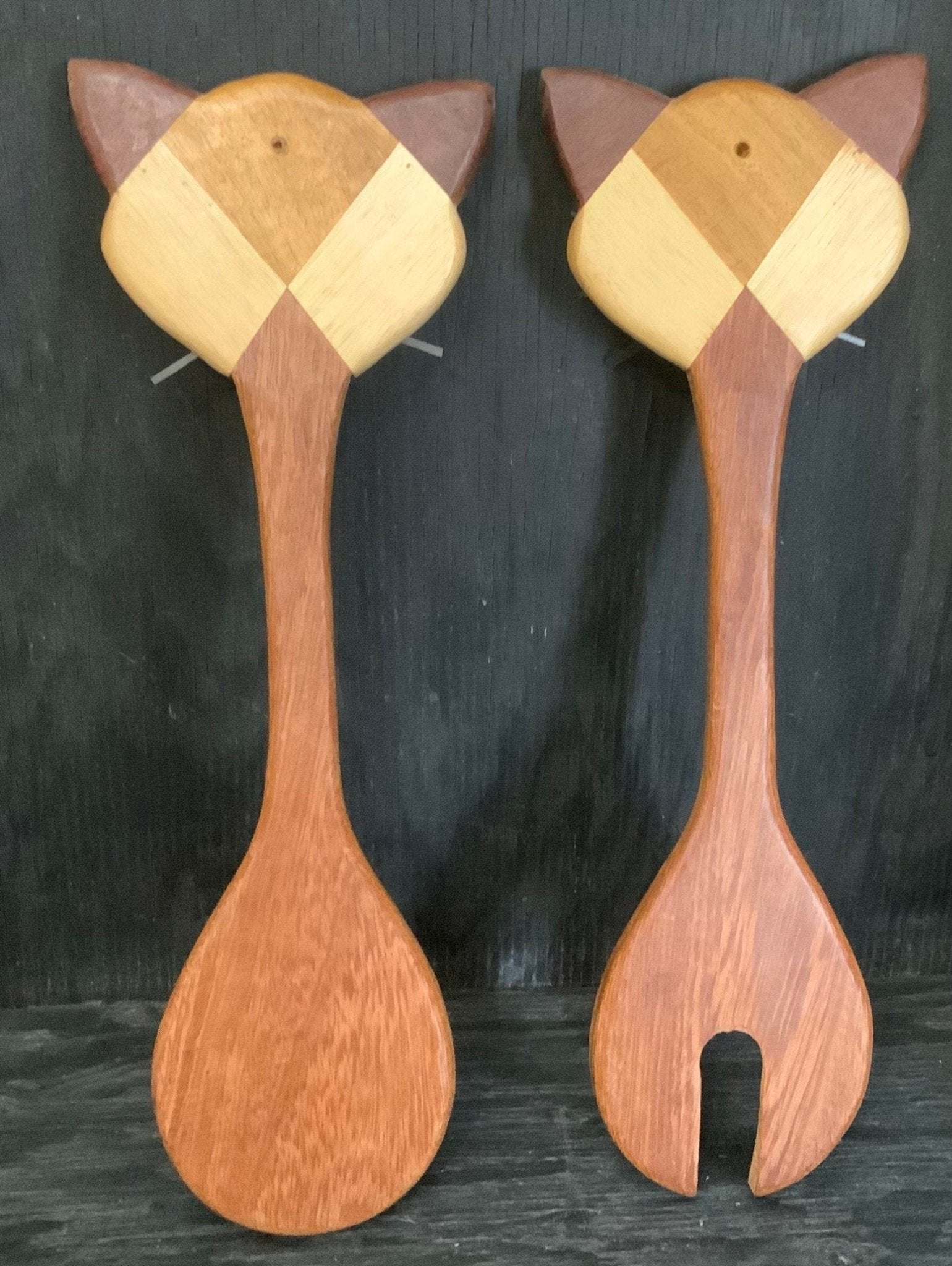 Vintage Wooden Cat Salad Fork and Spoon