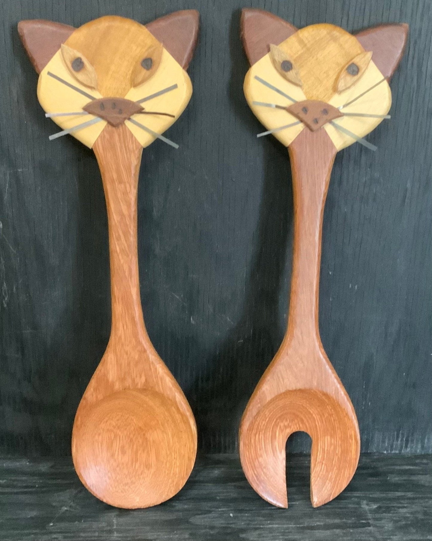 Vintage Wooden Cat Salad Fork and Spoon