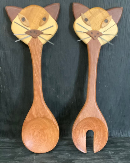 Vintage Wooden Cat Salad Fork and Spoon